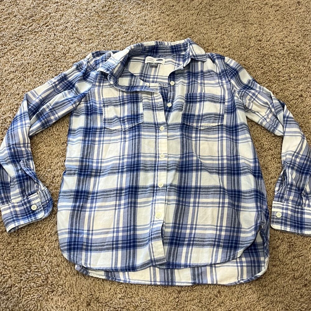 White & blue plaid button up flannel type